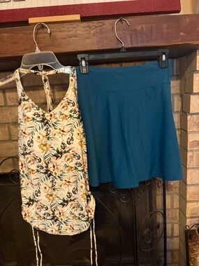 Floral Tankini Top and Teal Swim Skirt Set - Women Swim